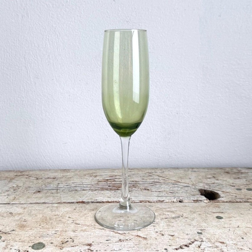 Vintage Olive Green Champagne Flute Clear Stem Avocado Glass 9.5" CSGA